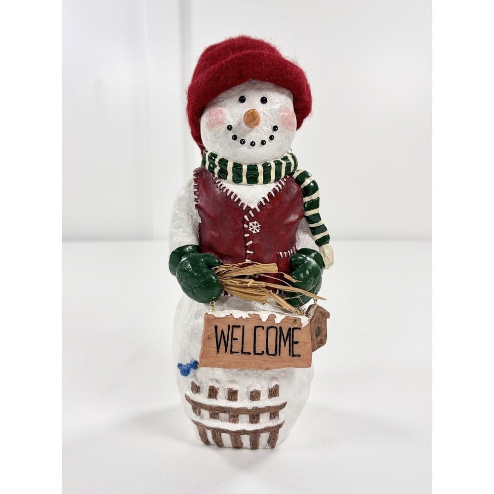 Vintage Snowman 10" Resin Figurine Welcome Sign Birdhouse Bluebird Christmas